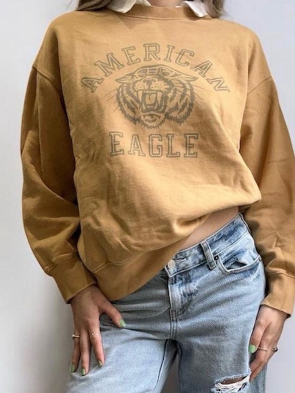 American Eagle Y2K Iconic VTG Tan Graphic Crewneck Sweatshirt Tiger Logo Medium
